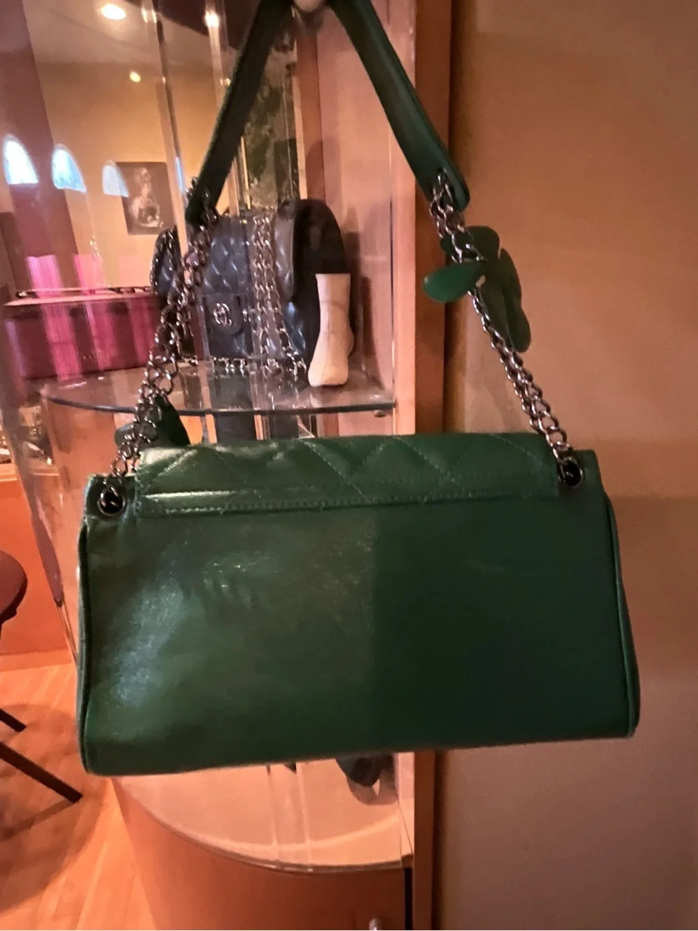 CHANEL Green Quilted Leather Shoulder Bag with Chain Strap